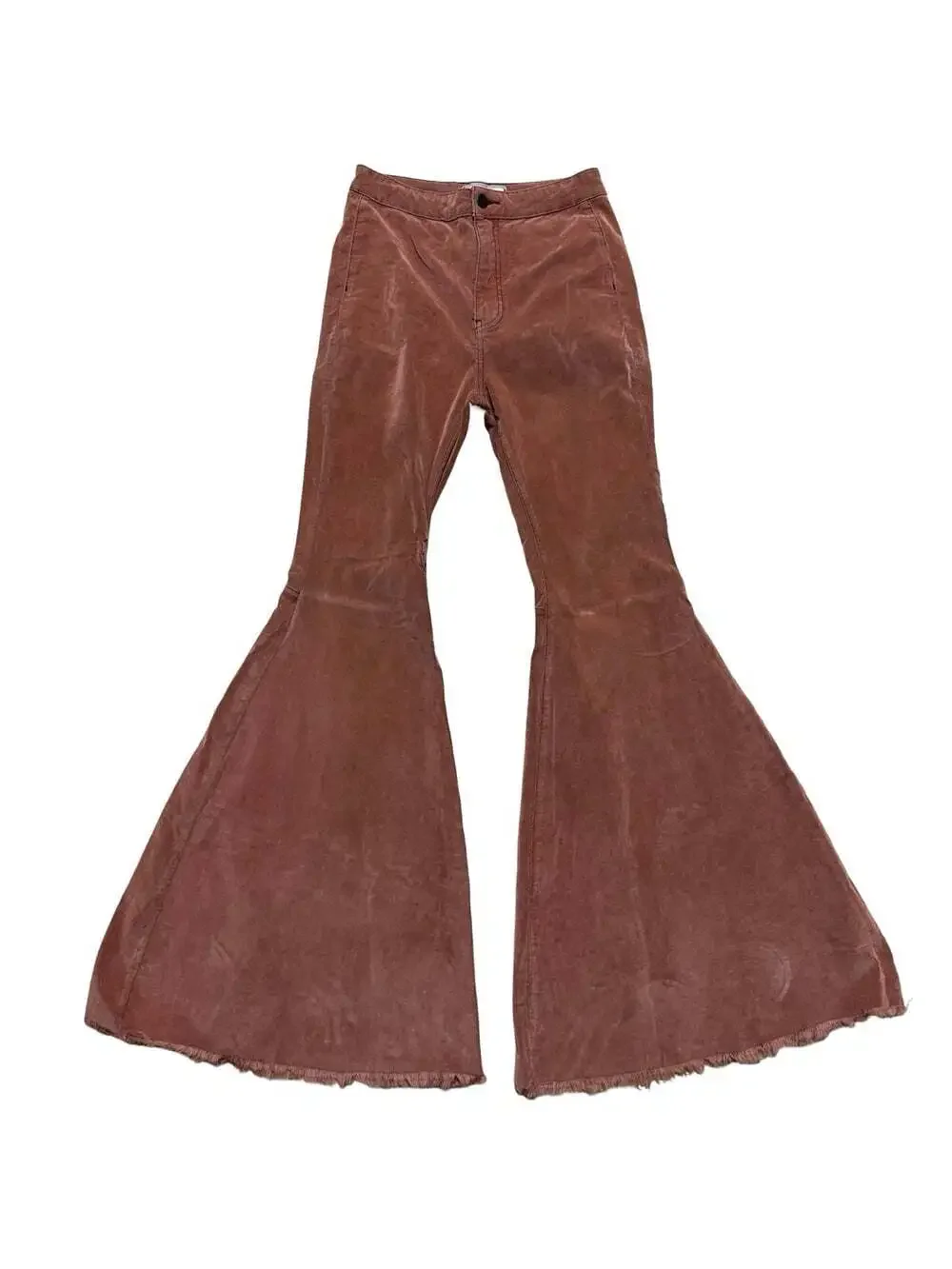 Free People Brown Corduroy Flare Pants Fringe Stretch Button Women Regular Fit